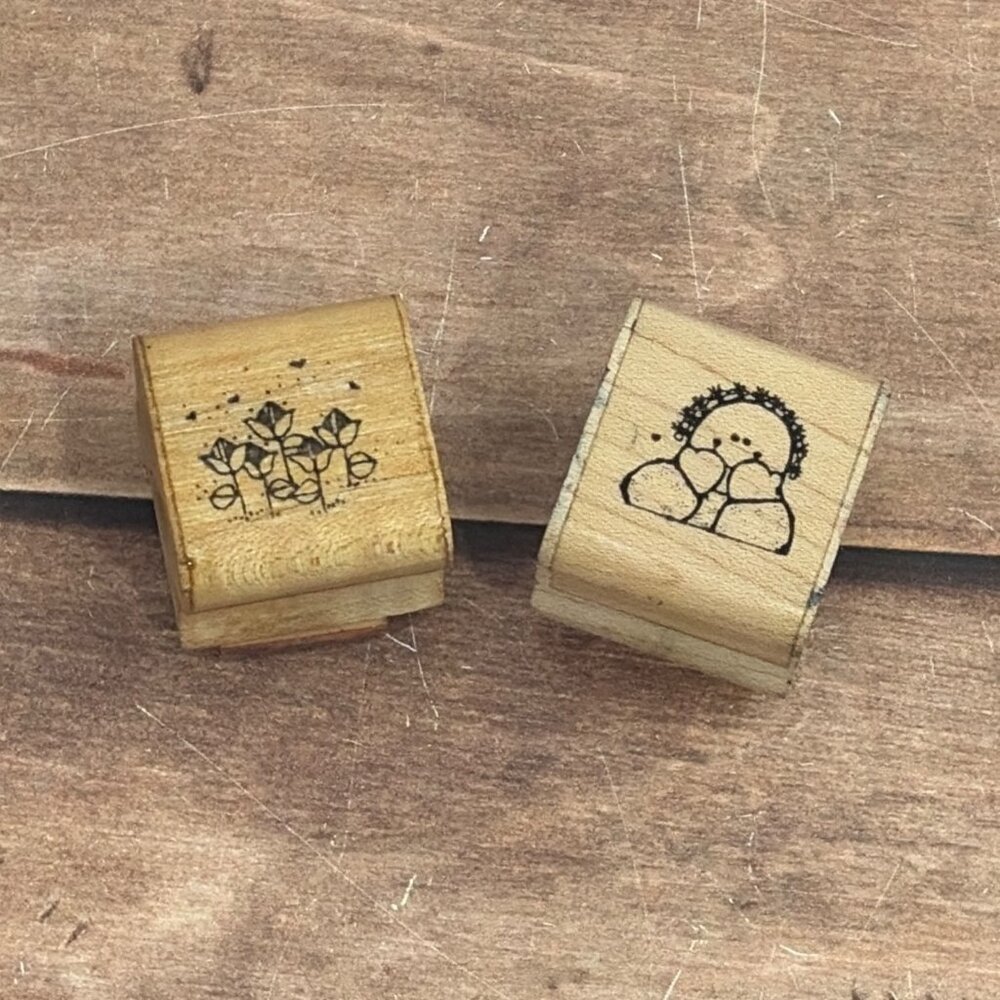 VINTAGE DOTS B139 BLOSSOM BUNCH & B172 PEEKING NANNY WOOD MOUNTED RUBBER STAMPS